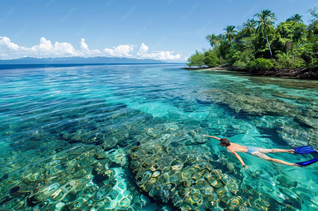Adventurous woman snorkeling alone in the crystal clear waters of a ...